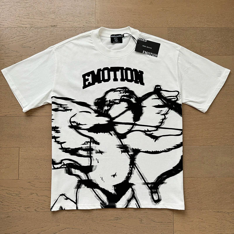 Fashion Brand MIXED EMOTION T-shirts Men Women Couple Streetwear Angel Print Summer Top Tee Round Neck Short Sleeve