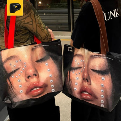 Brand Portrait Print Tote Bag Large Capacity Top-handle Shopper Bag Fashion Pvc Kraft Paper Shoulderbag Waterproof Pouch Storage