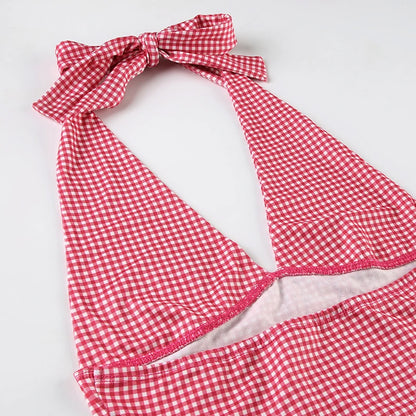 SUCHCUTE Fashion Beach Plaid/Heart Printed Halter Neck Tank Tops Women Sweet Sleeveless V-Neck Vest Y2k Slim Crop Tops Coquette
