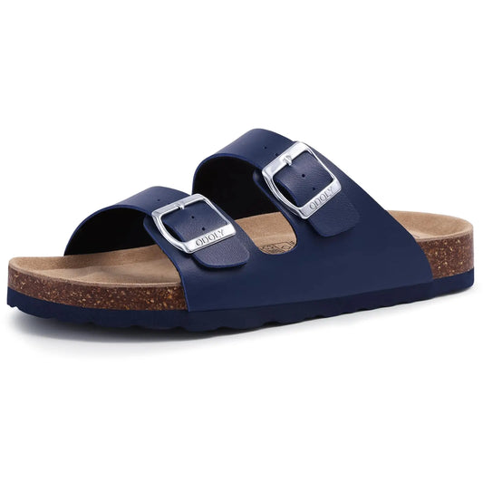 Comwarm Fashion Men Leather Sandals Summer Cork Footbed Slide Sandals Beach Sandals Unisex Brand Sandals with Adjustable Buckle