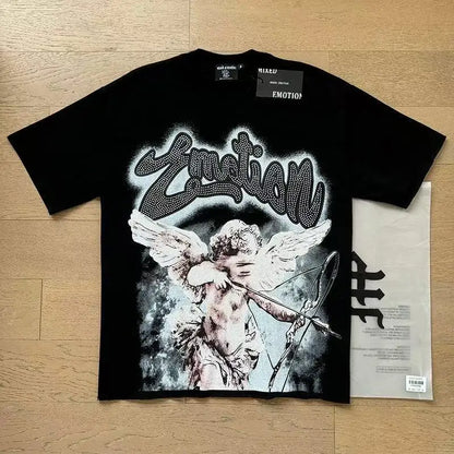 Fashion Brand MIXED EMOTION T-shirts Men Women Couple Streetwear Angel Print Summer Top Tee Round Neck Short Sleeve