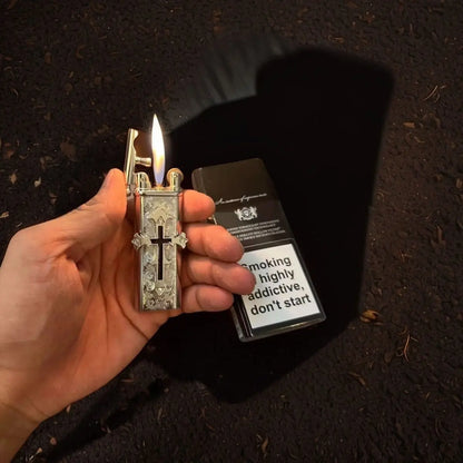New high-end handmade retro cross outdoor lighter with metal grinding wheel and open flame portable lighter smoking gift