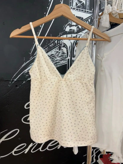 Floral Print Bow V Neck Camis Women Chic Lace Trim Sleeveless Slim Crop Tops Vest Sweet Casual Fashion Raw Hem Tank Top Y2k New