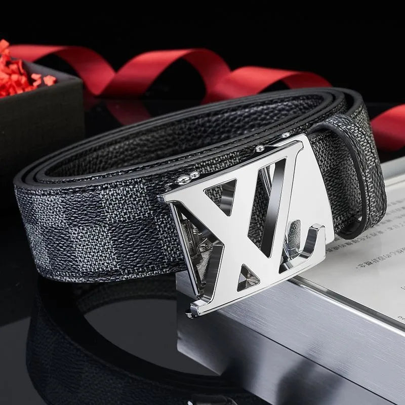 Men's Sleek Automatic Buckle Belt - Genuine FauxwithTextured Square Pattern, Black, Simple & Stylish DesignforCasual Attire