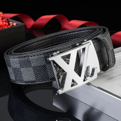 Men's Sleek Automatic Buckle Belt - Genuine FauxwithTextured Square Pattern, Black, Simple & Stylish DesignforCasual Attire
