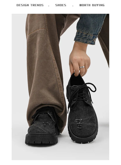 Men's Distressed Denim Derby Shoes Chunky Grunge Platform Boots Avant-Garde Bulky Toe Niche Streetwear Footwear for Trendy Youth
