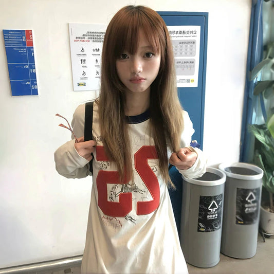 Karrram Japanese Y2k Number Print T-shirt 2000s Aesthetics Long Sleeve Jersey Tops Vintage Harajuku Streetwear American Retro