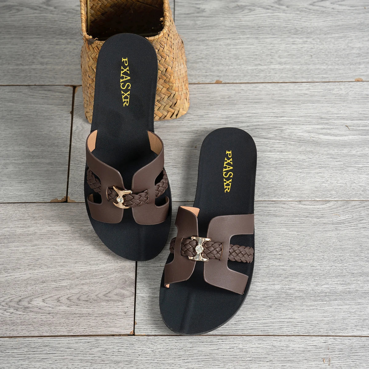 Braided Strap Women's Flat Sandals, Gold Embellished Buckle with Rhinestones, Simple and Comfortable Design, Easy to Wear for Daily Outings and Shopping