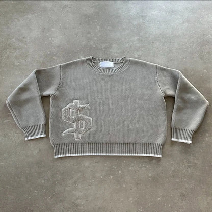 2 pcs Set Y2K Autumn Winter Retro Knitted Sweater Jeans Suit Trendy Hip Hop Dollar Logo Embroidery Streetwear Unisex Baggy Set