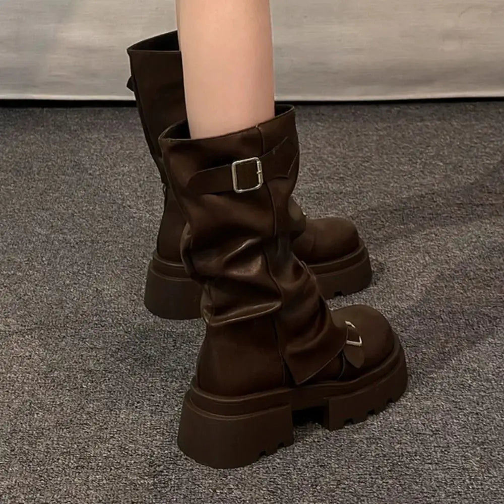 New Design Women Biker Boots Platform Belt Buckle Women's Knee High Booties Harajuku Gladiator Y2K Punk Mid Pipe Booties Girls