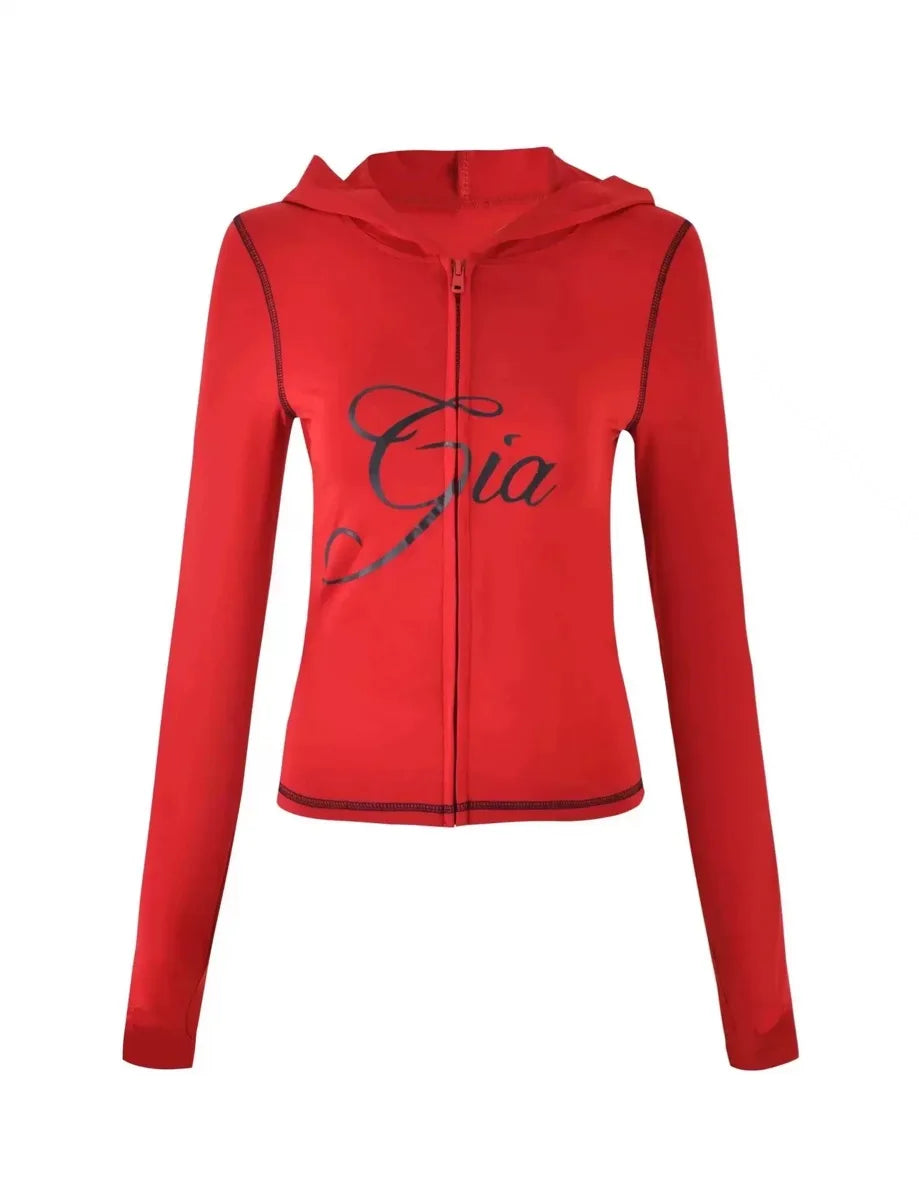 Gia zip-up cap long sleeve high spring top & low waist micro flared pants