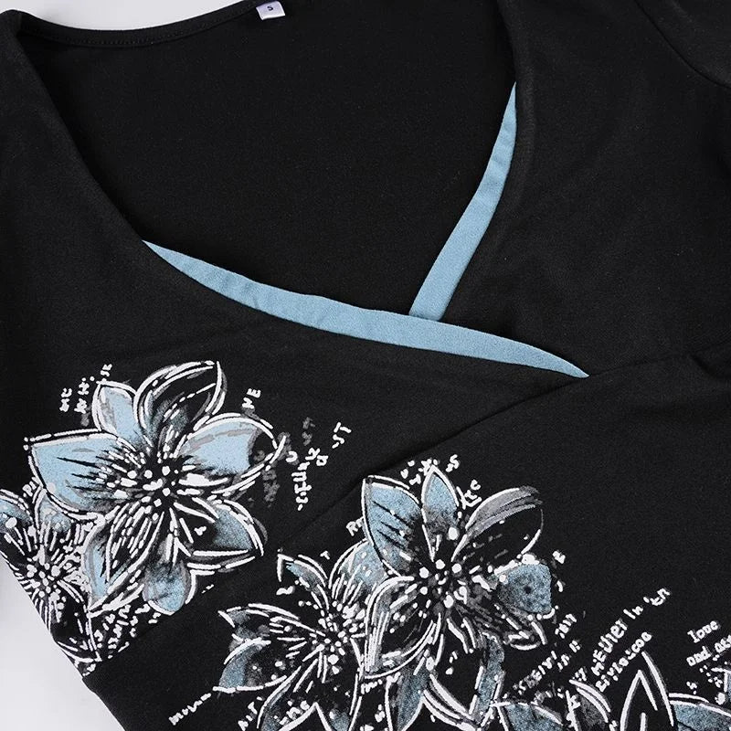 American retro contrasting color V-neck printed spicy girl slim fit T-shirt autumn Y2K Harajuku style punk sexy backless top