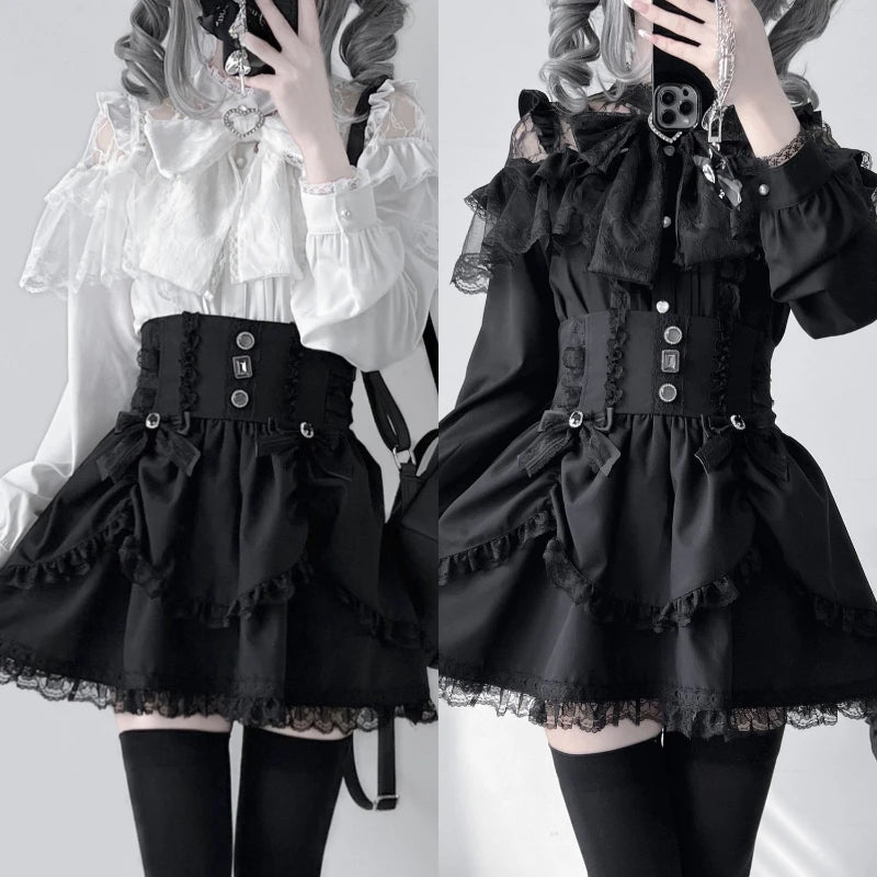 Japanese Kawaii Lolita Lace Patchwork Blouses Summer Women Harajuku Single Breasted Sweet Shirts Cute Girly JK Bow Tops Blusas