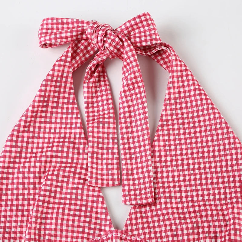 SUCHCUTE Fashion Beach Plaid/Heart Printed Halter Neck Tank Tops Women Sweet Sleeveless V-Neck Vest Y2k Slim Crop Tops Coquette