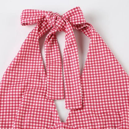 SUCHCUTE Fashion Beach Plaid/Heart Printed Halter Neck Tank Tops Women Sweet Sleeveless V-Neck Vest Y2k Slim Crop Tops Coquette