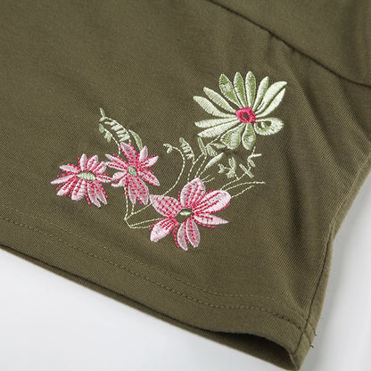 SUCHCUTE Retro Geen Floral Embroidery V Neck Cap Sleeve Tops Y2k Women's Slim T-shirt Chic Streetwear Slim Top Summer Clothes
