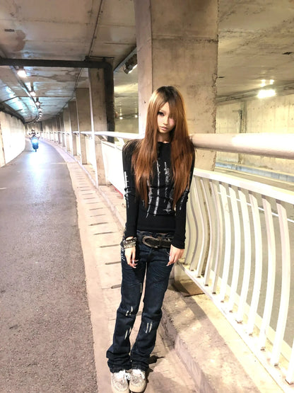 Karrcat Grunge Aesthetics Tattoo Print Knitted Tops Trashy Y2k Long Sleeve Knit T-shirt Vintage Gothic Button Top American Retro