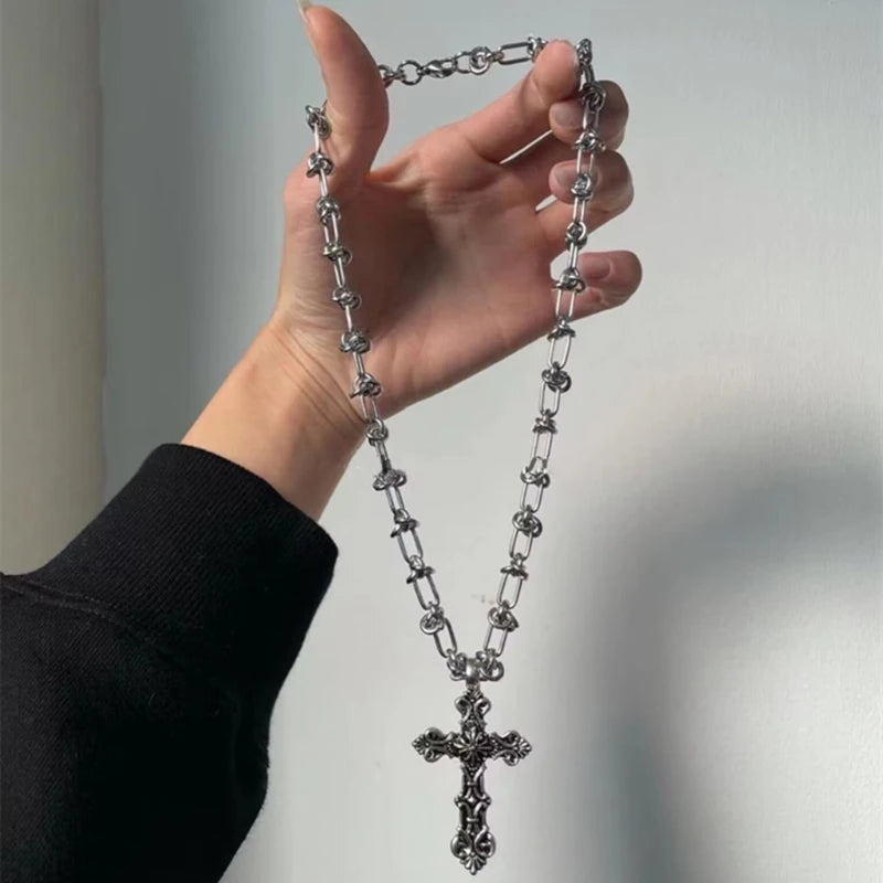 Vintage Cross Pendants Necklace for Women Kpop Punk Chain Necklaces Long Korean Fashion Retro Jewelry on The Neck Gift