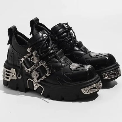 Cowhide Rock Flame Trend Carving Dark Punk Small Leather Skull Design Low-top Gothic Thick-soled Single Shoes