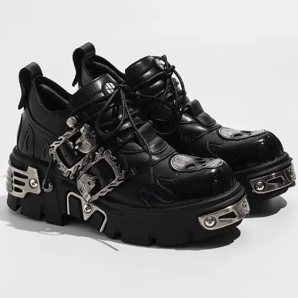 Cowhide Rock Flame Trend Carving Dark Punk Small Leather Skull Design Low-top Gothic Thick-soled Single Shoes