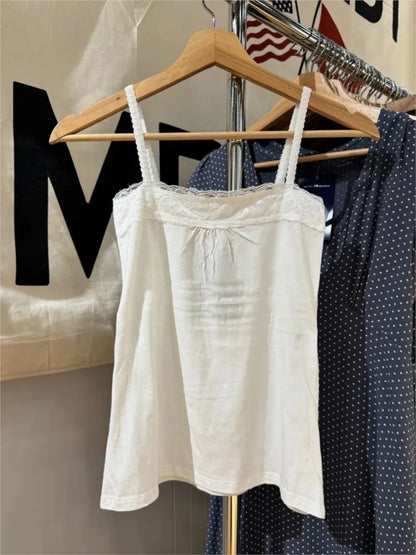 Lace Trim Strapless Tops Women Cotton Soft Slim  White Sexy Sleeveless Camisole Sweet Cute Chic Tank Tops Y2K