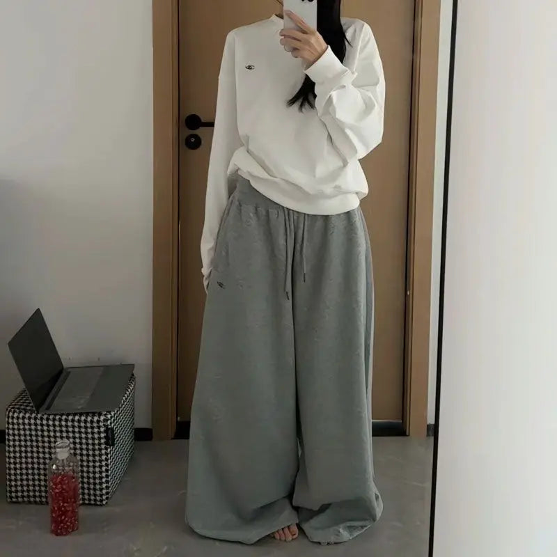 Y2K College American Hip-hop Goth Print Drawstring Wide Leg Sweatpants Loose 90s High Street Sports Trousers Floor Length Pants