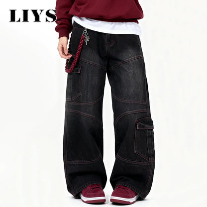 Men's American Street Retro Deconstruction Loose Wide Leg Jeans Unisex Baggy Men's Clothes Multi Pocket Skateboard Pants Jeans