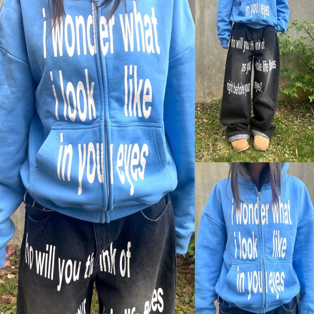 Personalized letter printed zipper sweatshirt long sleeved pullover hoodie retro jacket street trend