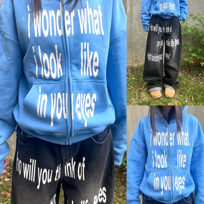 Personalized letter printed zipper sweatshirt long sleeved pullover hoodie retro jacket street trend