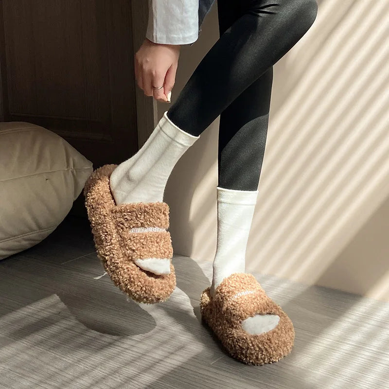 Thick Soled Plush Slippers for Autumn and Winter Versatile and Cute Fashionable and Small Waist Cotton Slippers for Home Use