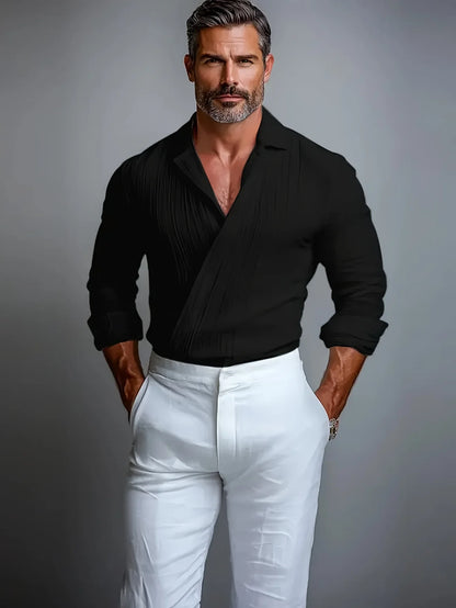 LVLAEA Pleated Textured Shirt Men Autumn Solid Color Long Sleeve Lapel Old Money Style Criss-cross Design Breathable Tated Shirt