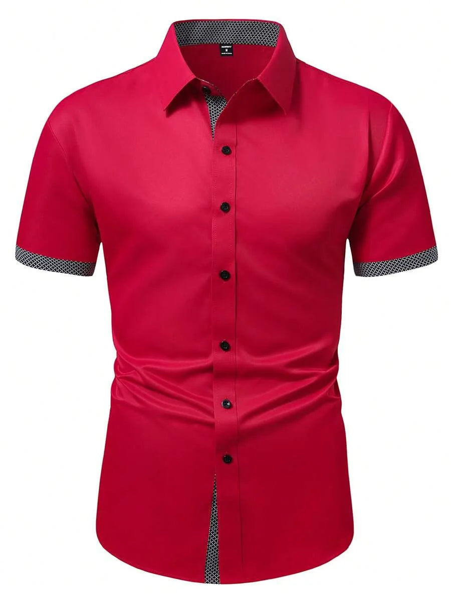 Spring Summer New Men Clothes Short Sleeve Spell Color Shirt 95% Polyester 5%Spandex