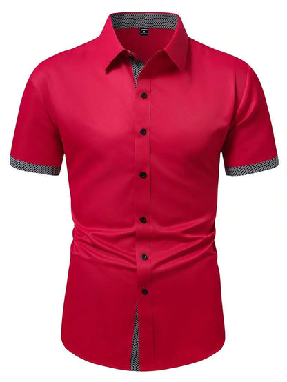 Spring Summer New Men Clothes Short Sleeve Spell Color Shirt 95% Polyester 5%Spandex