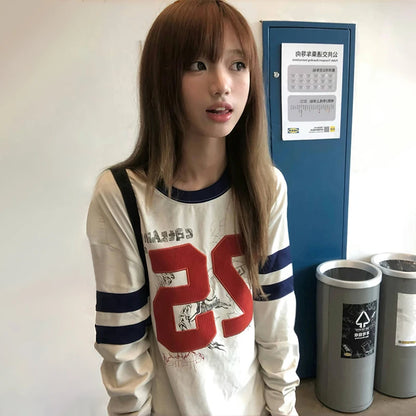 Karrram Japanese Y2k Number Print T-shirt 2000s Aesthetics Long Sleeve Jersey Tops Vintage Harajuku Streetwear American Retro
