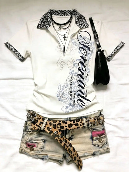 Y2K Japanese Streetwear Polo Shirt Women Slim Crop Tee 2025 White Short Sleeve Tops Letter Badge Houndstooth Vintage Harajuku