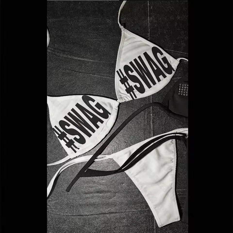 Cool girls Swimwear Women Y2k style Punk Print Bikini Set Sexy Thong Swimsuit Two Pieces Bathing Suit 2000s Gothic Bathing Suit