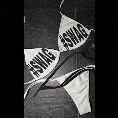 Cool girls Swimwear Women Y2k style Punk Print Bikini Set Sexy Thong Swimsuit Two Pieces Bathing Suit 2000s Gothic Bathing Suit