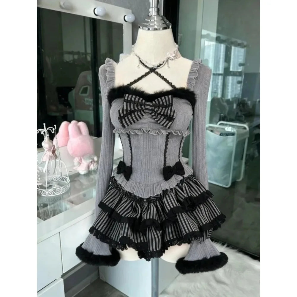 Vintage 3 Piece Skirt Suit Women Kawaii Ruffles Cardigan Outwear Bodycon Vest Blouse + Slim Y2k Skirts Evening Party Lolita Sets