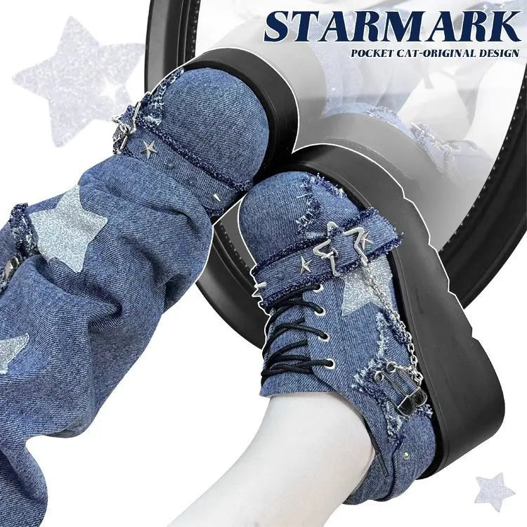 2024 New Y2K Star Print Chunky Platform Ankle Boots Women Metal Chain Blue Denim Boots Woman Cute Thick Bottom Jk Lolita Shoes