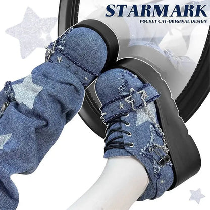 2024 New Y2K Star Print Chunky Platform Ankle Boots Women Metal Chain Blue Denim Boots Woman Cute Thick Bottom Jk Lolita Shoes