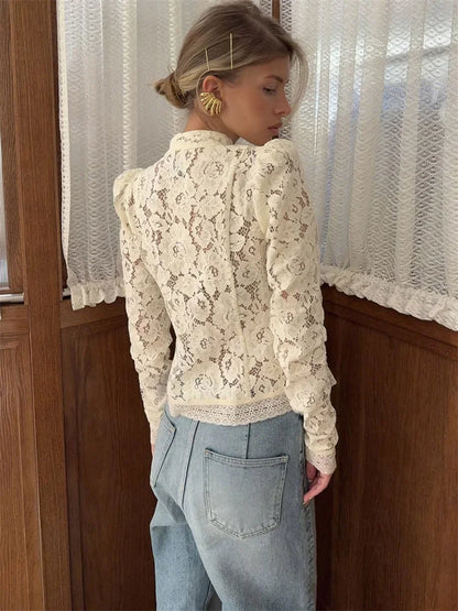 White Lace Printed Shirts Tops Women Full Sleeve Hollow Out Single Breasted Patchwork Blouse 2026 Lady Fashion Shrug Shirts New