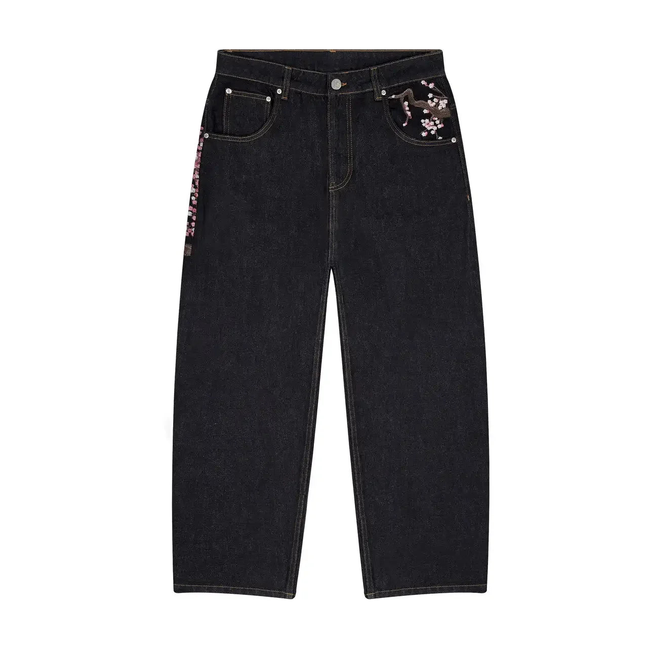 Y2k Vintage Baggy Fallen Knight Cherry Blossom Embroidery Jeans Men Women Fashion Straight Wide-leg Denim Pants Streetwear Jean
