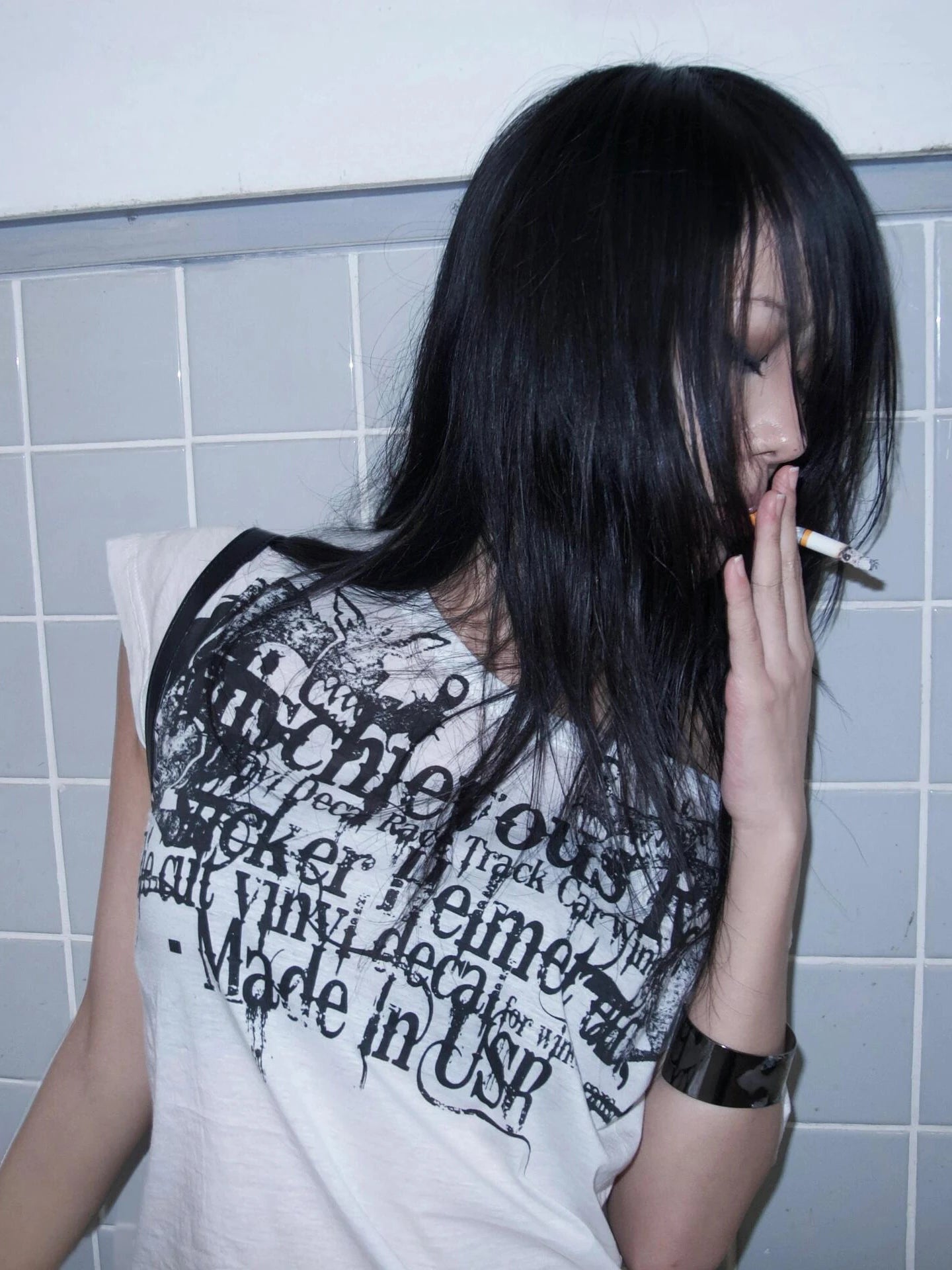Karrram Japanese Y2k Letter Print T-shirt Trashy 2000s Style Tattoo T Shirt Vintage Harajuku Short Sleeve Sheer Tops Grunge Goth
