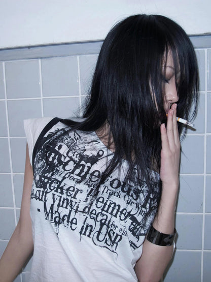 Karrram Japanese Y2k Letter Print T-shirt Trashy 2000s Style Tattoo T Shirt Vintage Harajuku Short Sleeve Sheer Tops Grunge Goth