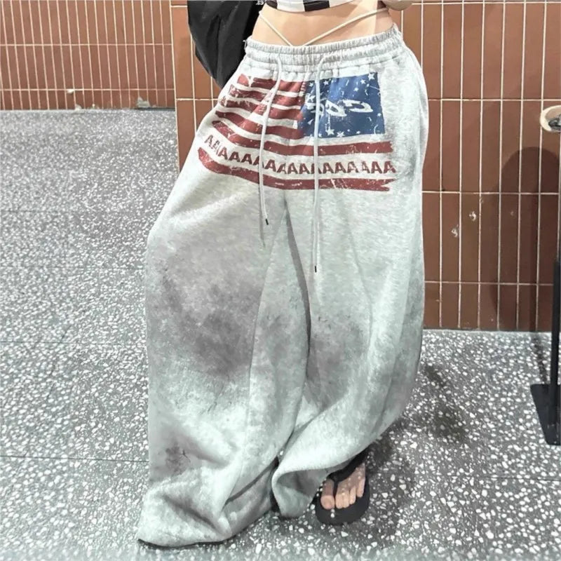 Y2K College American Hip-hop Goth Print Drawstring Wide Leg Sweatpants Loose 90s High Street Sports Trousers Floor Length Pants