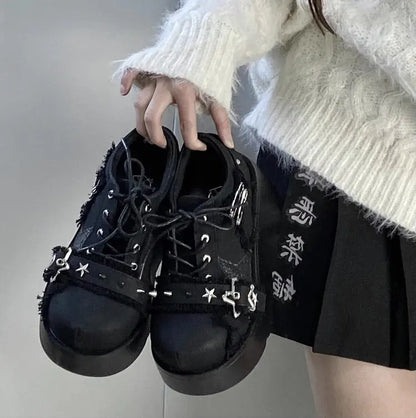2024 New Y2K Star Print Chunky Platform Ankle Boots Women Metal Chain Blue Denim Boots Woman Cute Thick Bottom Jk Lolita Shoes