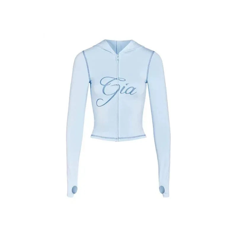 Gia zip-up cap long sleeve high spring top & low waist micro flared pants