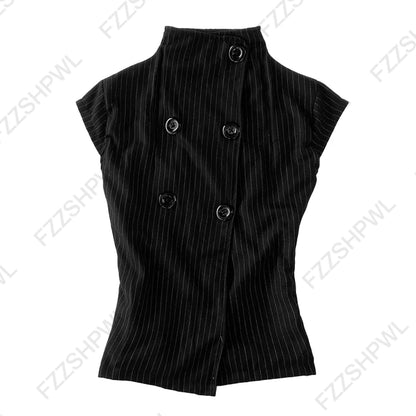 Y2K Vintage Aesthetics Women's Blouse Sexy Slim Fit Chic Button Design High-Neck Short-Sleeve T-Shirt Fashion Female Streetwear