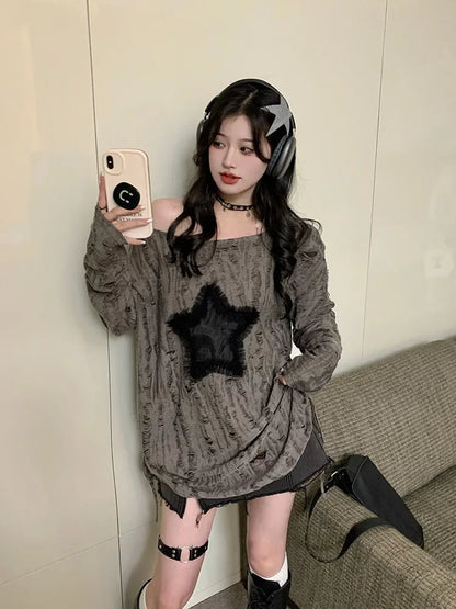 Hole Star Loose Y2K T Shirt Women O Neck Drawstring Long Sleeve Tees Fashion Streetwear Kpop Pullover Tops Female T-shirts