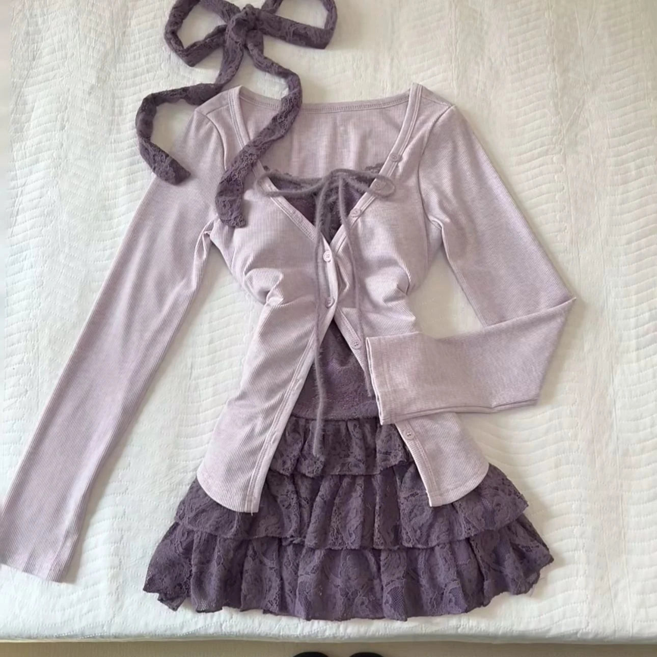 Vintage 3 Piece Skirt Suit Women Kawaii Ruffles Cardigan Outwear Bodycon Vest Blouse + Slim Y2k Skirts Evening Party Lolita Sets
